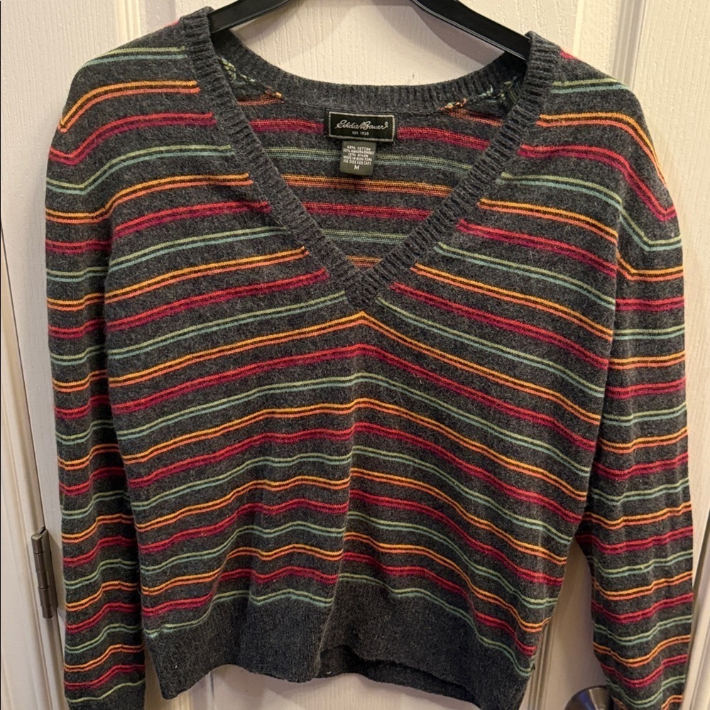 Eddie Bauer Women's V-Neck Sweater - Gray with Multicolor Stripes. Size Medium